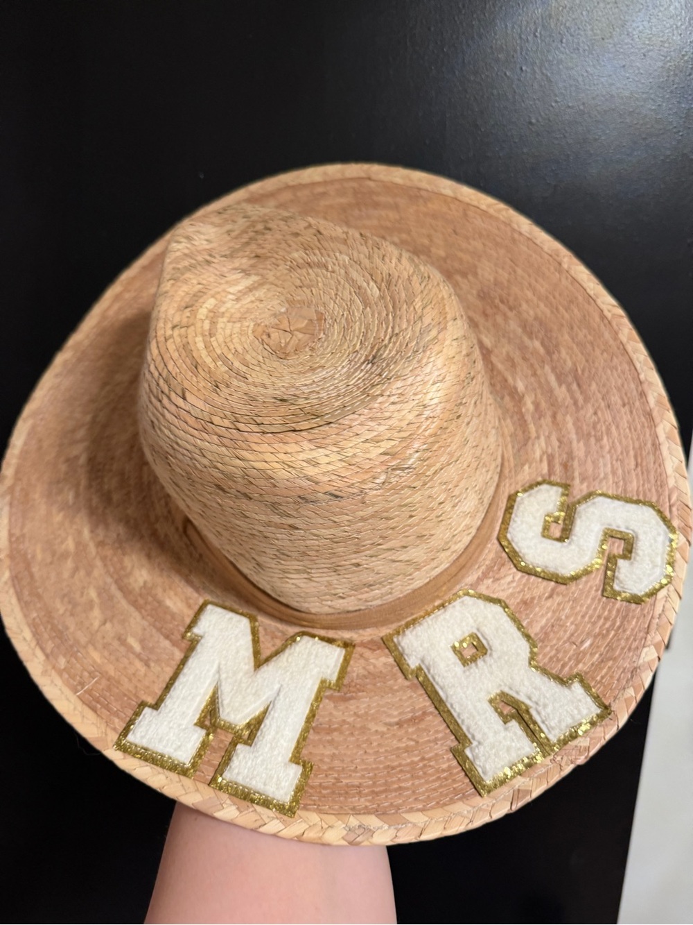Judith March Straw Sunhat with White & Gold Letter Patches